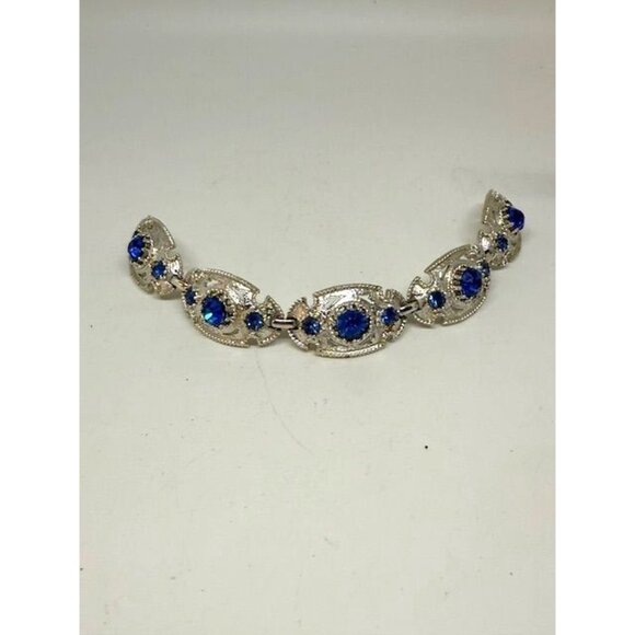 Vintage Coro Blue Rhinestone and Silver Tone Linked Bracelet - Picture 5 of 8